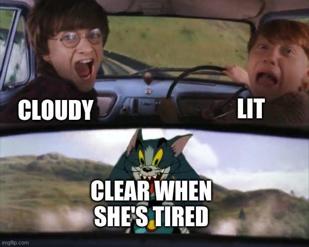 She gets really weird- | LIT; CLOUDY; CLEAR WHEN SHE'S TIRED | image tagged in tom chasing harry and ron weasly | made w/ Imgflip meme maker