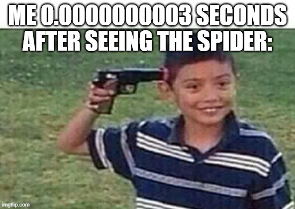 gun to head | ME 0.0000000003 SECONDS AFTER SEEING THE SPIDER: | image tagged in gun to head | made w/ Imgflip meme maker