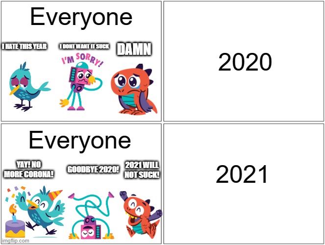 2020 will suck... 2021 will.... | Everyone; I HATE THIS YEAR; I DONT WANT IT SUCK; DAMN; 2020; Everyone; YAY! NO MORE CORONA! 2021 WILL NOT SUCK! GOODBYE 2020! 2021 | image tagged in memes,blank comic panel 2x2,facebook,2020 sucks,2021,everyone liked that | made w/ Imgflip meme maker