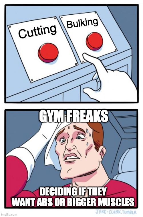Two Buttons Meme | Bulking; Cutting; GYM FREAKS; DECIDING IF THEY WANT ABS OR BIGGER MUSCLES | image tagged in memes,two buttons | made w/ Imgflip meme maker