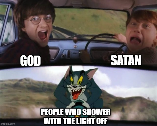 it true tho | SATAN; GOD; PEOPLE WHO SHOWER WITH THE LIGHT OFF | image tagged in tom chasing harry and ron weasly | made w/ Imgflip meme maker