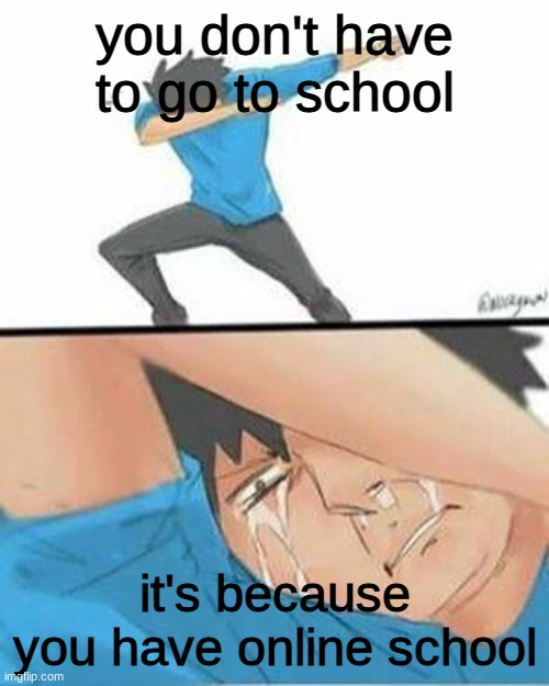 Sad Dab |  you don't have to go to school; it's because you have online school | image tagged in sad dab | made w/ Imgflip meme maker
