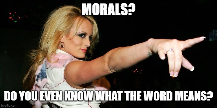 Stormy Daniels | MORALS? DO YOU EVEN KNOW WHAT THE WORD MEANS? | image tagged in stormy daniels | made w/ Imgflip meme maker