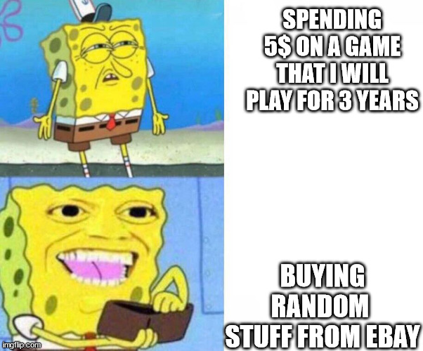 Sponge bob wallet | SPENDING 5$ ON A GAME THAT I WILL PLAY FOR 3 YEARS; BUYING RANDOM  STUFF FROM EBAY | image tagged in sponge bob wallet | made w/ Imgflip meme maker