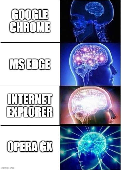 No Gamer Would Use This Browser | GOOGLE CHROME; MS EDGE; INTERNET EXPLORER; OPERA GX | image tagged in memes,expanding brain | made w/ Imgflip meme maker