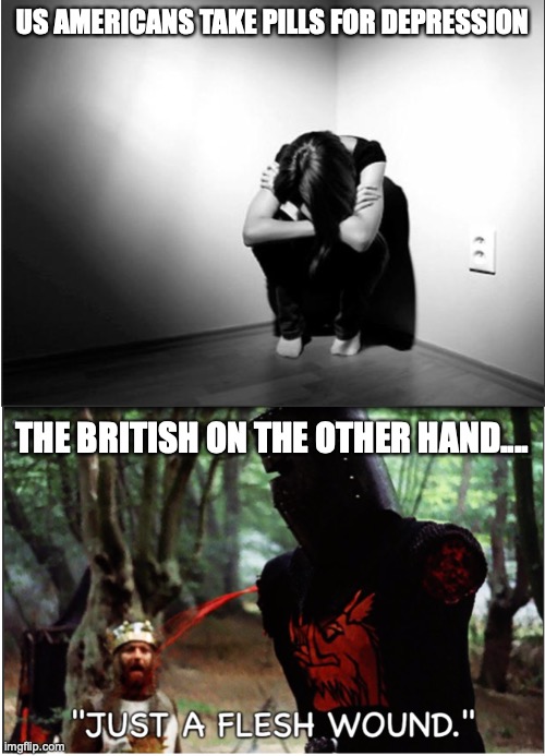 lets call it a draw | US AMERICANS TAKE PILLS FOR DEPRESSION; THE BRITISH ON THE OTHER HAND.... | image tagged in monty python,monty python and the holy grail,memes,good memes,funny memes,best memes | made w/ Imgflip meme maker