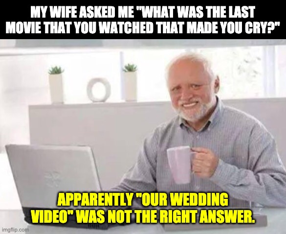 Sad movie | MY WIFE ASKED ME "WHAT WAS THE LAST MOVIE THAT YOU WATCHED THAT MADE YOU CRY?"; APPARENTLY "OUR WEDDING VIDEO" WAS NOT THE RIGHT ANSWER. | image tagged in harold | made w/ Imgflip meme maker