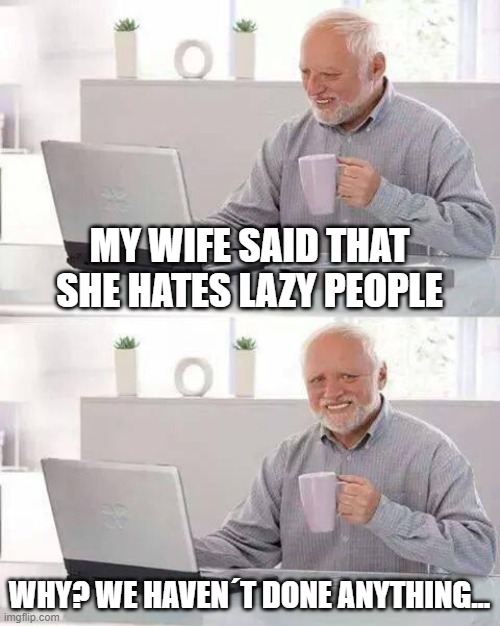 True that... | MY WIFE SAID THAT SHE HATES LAZY PEOPLE; WHY? WE HAVEN´T DONE ANYTHING... | image tagged in memes,hide the pain harold | made w/ Imgflip meme maker