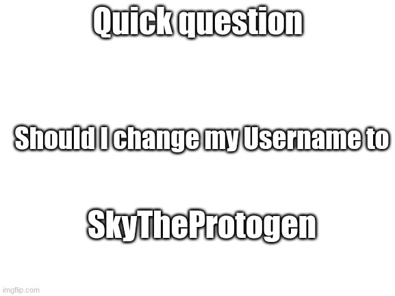 I want to hear what you guys think | Quick question; Should I change my Username to; SkyTheProtogen | image tagged in blank white template | made w/ Imgflip meme maker