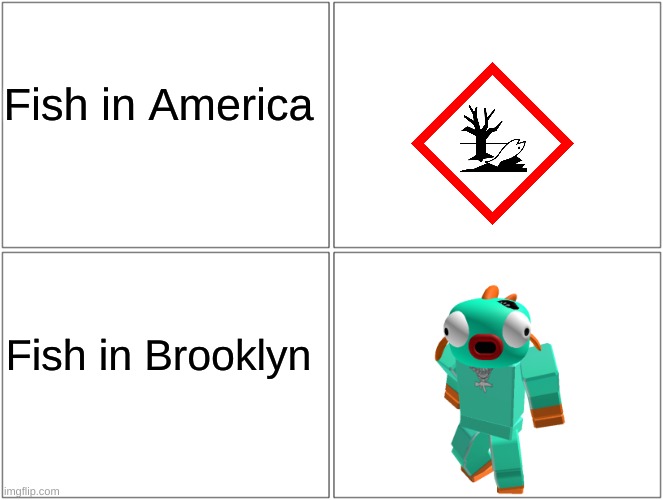 a | Fish in America; Fish in Brooklyn | image tagged in memes,blank comic panel 2x2 | made w/ Imgflip meme maker