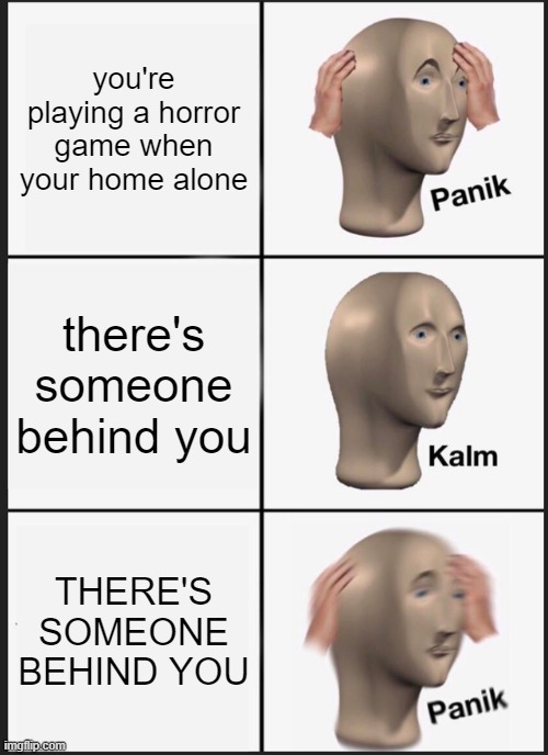 PANIK | you're playing a horror game when your home alone; there's someone behind you; THERE'S SOMEONE BEHIND YOU | image tagged in memes,panik kalm panik | made w/ Imgflip meme maker