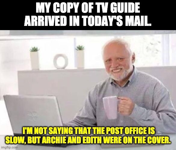 Mail | MY COPY OF TV GUIDE ARRIVED IN TODAY'S MAIL. I'M NOT SAYING THAT THE POST OFFICE IS SLOW, BUT ARCHIE AND EDITH WERE ON THE COVER. | image tagged in harold | made w/ Imgflip meme maker