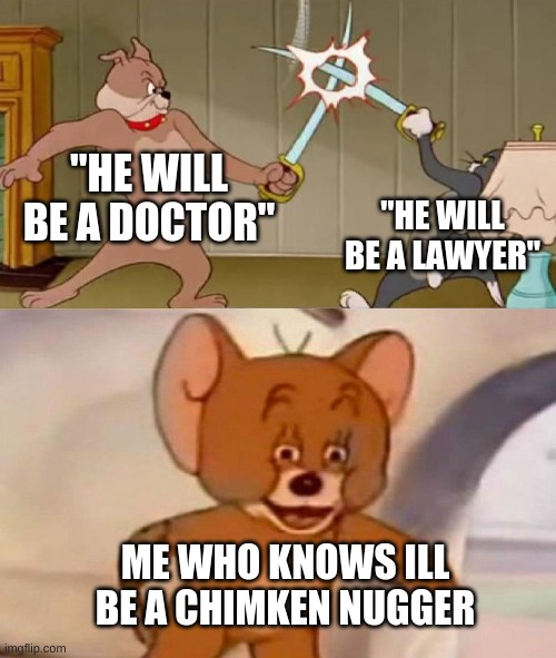 Tom and Jerry swordfight | "HE WILL BE A DOCTOR"; "HE WILL BE A LAWYER"; ME WHO KNOWS ILL BE A CHIMKEN NUGGER | image tagged in tom and jerry swordfight | made w/ Imgflip meme maker