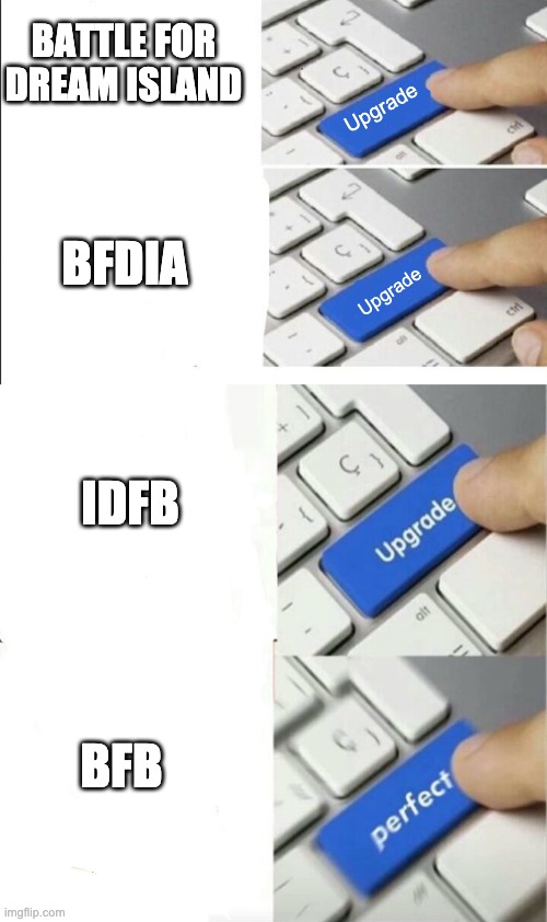 Battle for dream island seasons be like | BATTLE FOR DREAM ISLAND; Upgrade; BFDIA; Upgrade; IDFB; BFB | image tagged in upgrade protecc,upgraded to perfection | made w/ Imgflip meme maker