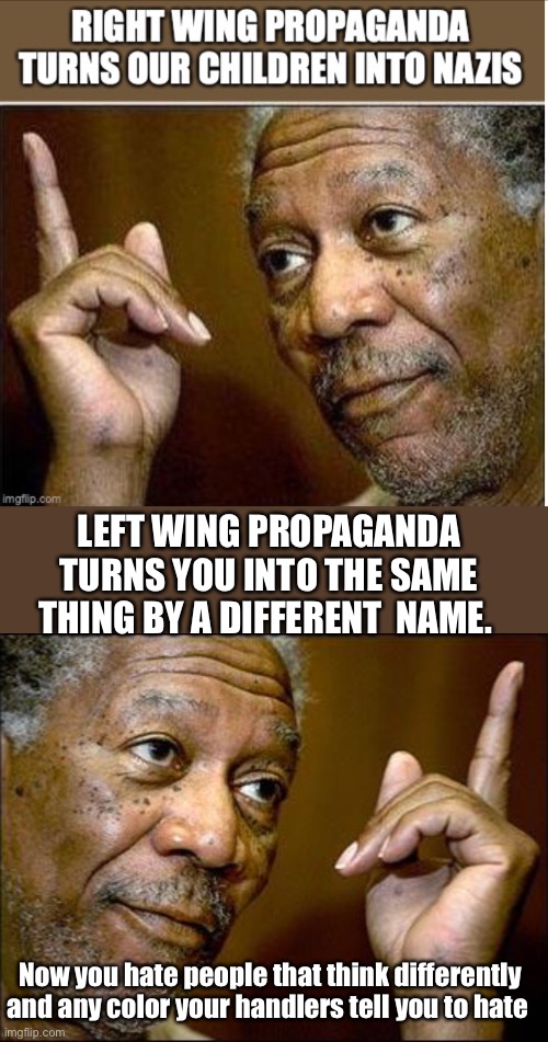 Both extremes suck | LEFT WING PROPAGANDA TURNS YOU INTO THE SAME THING BY A DIFFERENT  NAME. Now you hate people that think differently and any color your handlers tell you to hate | image tagged in this morgan freeman,hypocrisy,memes,politics suck | made w/ Imgflip meme maker