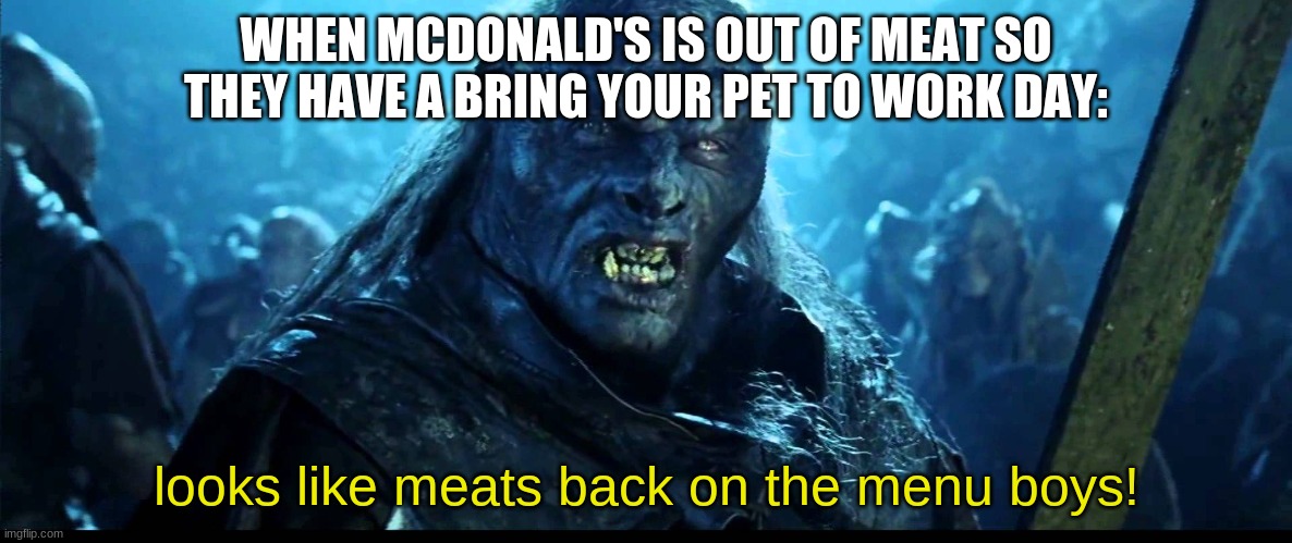 Meme | WHEN MCDONALD'S IS OUT OF MEAT SO THEY HAVE A BRING YOUR PET TO WORK DAY:; looks like meats back on the menu boys! | image tagged in looks like meat's back on the menu boys,memes,funny | made w/ Imgflip meme maker