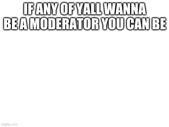 Yall can! :) | IF ANY OF YALL WANNA BE A MODERATOR YOU CAN BE | image tagged in blank white template | made w/ Imgflip meme maker