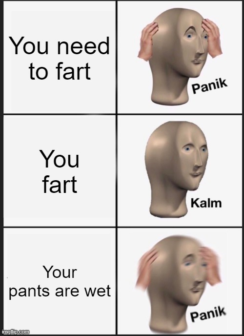 Panik, Kalm, PANIK | You need to fart; You fart; Your pants are wet | image tagged in memes,panik kalm panik | made w/ Imgflip meme maker