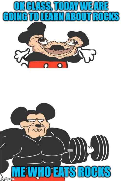 I got this | OK CLASS, TODAY WE ARE GOING TO LEARN ABOUT ROCKS; ME WHO EATS ROCKS | image tagged in buff mickey mouse | made w/ Imgflip meme maker