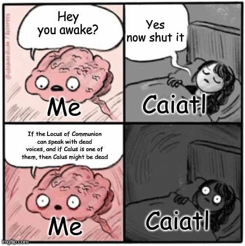 Brain Before Sleep | Yes now shut it; Hey you awake? Caiatl; Me; If the Locus of Communion can speak with dead voices, and if Calus is one of them, then Calus might be dead; Caiatl; Me | image tagged in brain before sleep | made w/ Imgflip meme maker