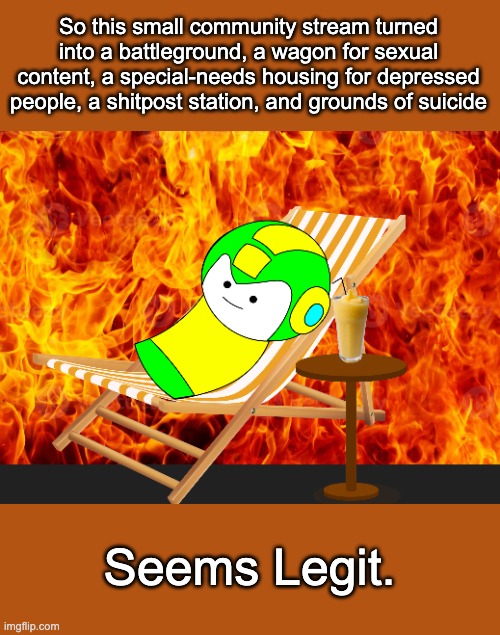 So this small community stream turned into a battleground, a wagon for sexual content, a special-needs housing for depressed people, a shitpost station, and grounds of suicide; Seems Legit. | made w/ Imgflip meme maker