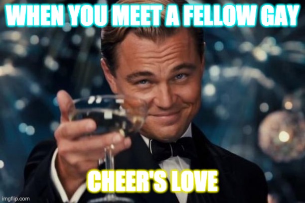 Leonardo Dicaprio Cheers | WHEN YOU MEET A FELLOW GAY; CHEER'S LOVE | image tagged in memes,leonardo dicaprio cheers | made w/ Imgflip meme maker