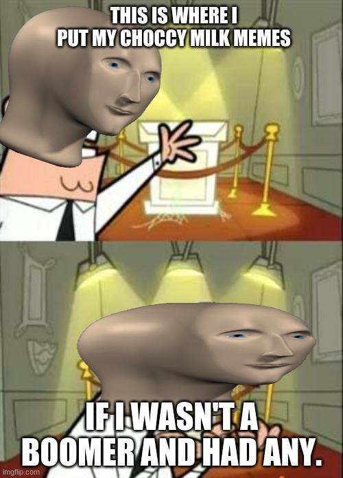 Boomer | THIS IS WHERE I PUT MY CHOCCY MILK MEMES; IF I WASN'T A BOOMER AND HAD ANY. | image tagged in memes,this is where i'd put my trophy if i had one | made w/ Imgflip meme maker