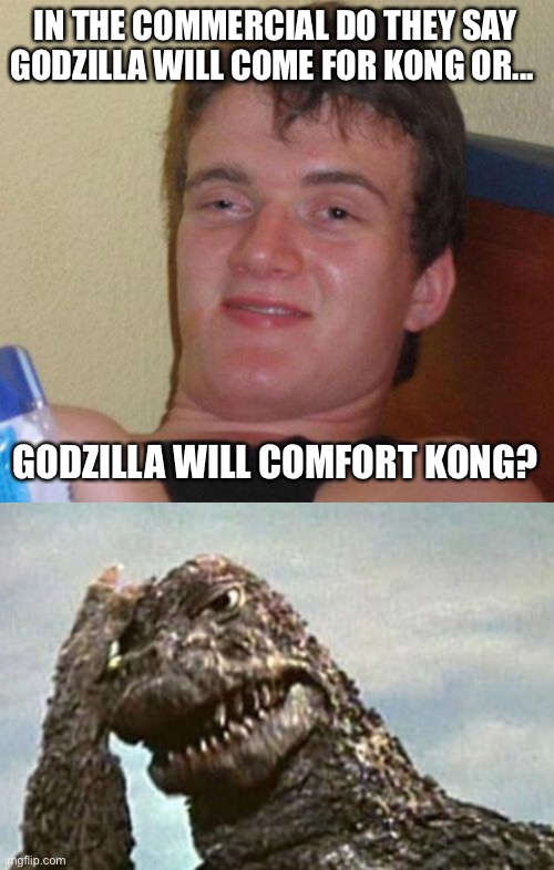 IN THE COMMERCIAL DO THEY SAY GODZILLA WILL COME FOR KONG OR... GODZILLA WILL COMFORT KONG? | image tagged in stoned guy,godzilla facepalm | made w/ Imgflip meme maker