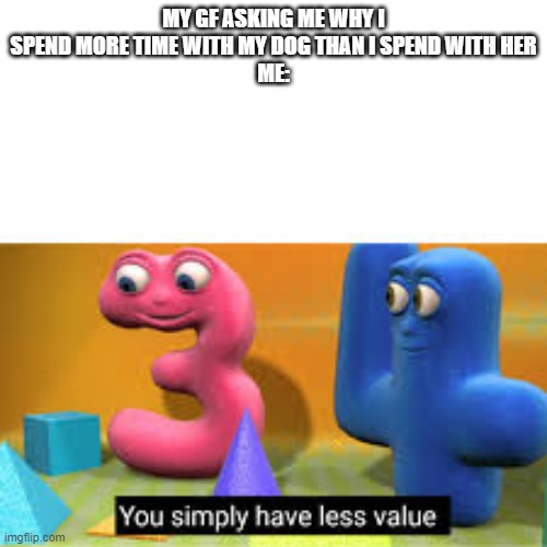 You simply have less value | MY GF ASKING ME WHY I SPEND MORE TIME WITH MY DOG THAN I SPEND WITH HER
ME: | image tagged in you simply have less value | made w/ Imgflip meme maker