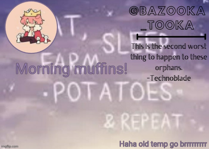 Bazooka's Technoblade template | Morning muffins! Haha old temp go brrrrrrrrr | image tagged in bazooka's technoblade template | made w/ Imgflip meme maker