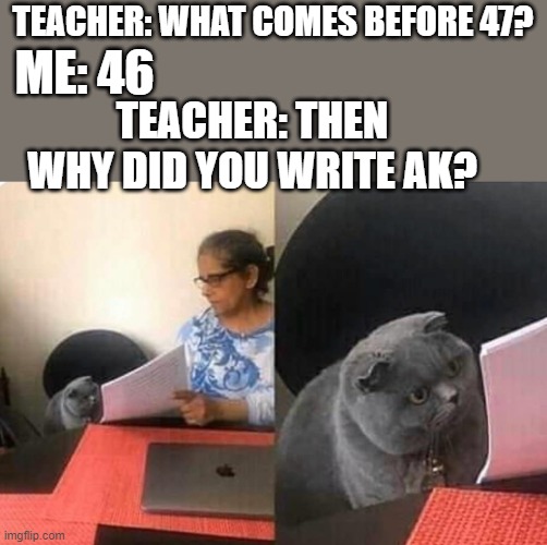 uhhhh i can explain |  TEACHER: WHAT COMES BEFORE 47? ME: 46; TEACHER: THEN WHY DID YOU WRITE AK? | image tagged in cat teacher,ak,47,ak47,cat | made w/ Imgflip meme maker