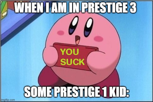 says the one who is 2 prestiges behind me | WHEN I AM IN PRESTIGE 3; SOME PRESTIGE 1 KID: | image tagged in kirby says you suck | made w/ Imgflip meme maker