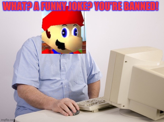 Mod Mario | WHAT? A FUNNY JOKE? YOU'RE BANNED! | image tagged in old man at computer,mods,mario,computer | made w/ Imgflip meme maker