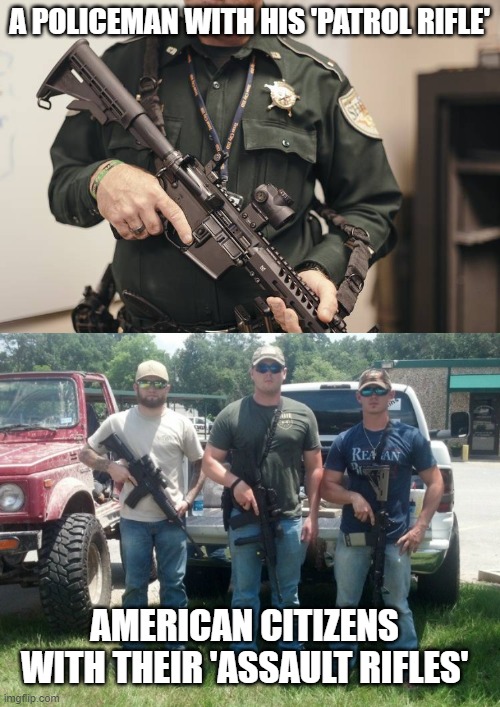 assault is in the eye of the holder | A POLICEMAN WITH HIS 'PATROL RIFLE'; AMERICAN CITIZENS WITH THEIR 'ASSAULT RIFLES' | image tagged in ar15,police,2nd amendment,guns | made w/ Imgflip meme maker