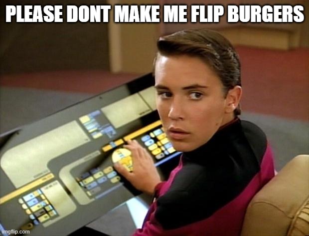 Wesley crusher | PLEASE DONT MAKE ME FLIP BURGERS | image tagged in wesley crusher | made w/ Imgflip meme maker