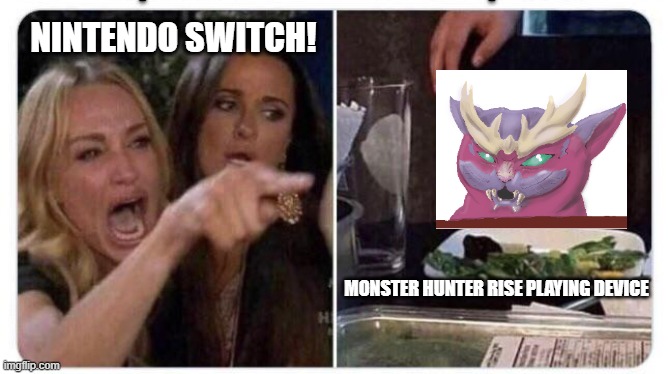 monster hunter rise | NINTENDO SWITCH! MONSTER HUNTER RISE PLAYING DEVICE | image tagged in funny,smudge the cat,woman yelling at cat,magnamalo,monster hunter | made w/ Imgflip meme maker