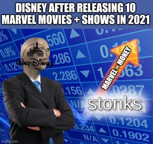 stonks | DISNEY AFTER RELEASING 10 MARVEL MOVIES + SHOWS IN 2021; MARVEL = MONEY | image tagged in stonks | made w/ Imgflip meme maker