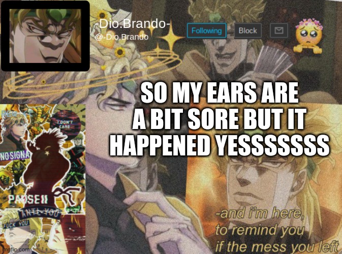 wooooooo *happy noises* | SO MY EARS ARE A BIT SORE BUT IT HAPPENED YESSSSSSS | image tagged in dio temp 2 | made w/ Imgflip meme maker