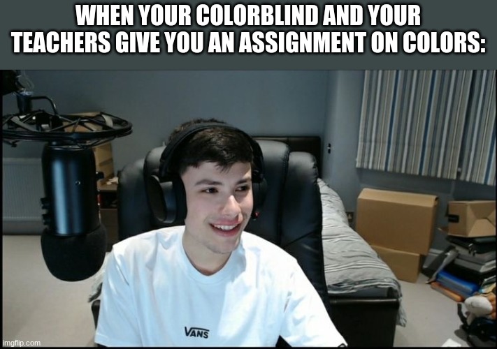 Image title | WHEN YOUR COLORBLIND AND YOUR TEACHERS GIVE YOU AN ASSIGNMENT ON COLORS: | image tagged in georgenotfound looking awkward | made w/ Imgflip meme maker