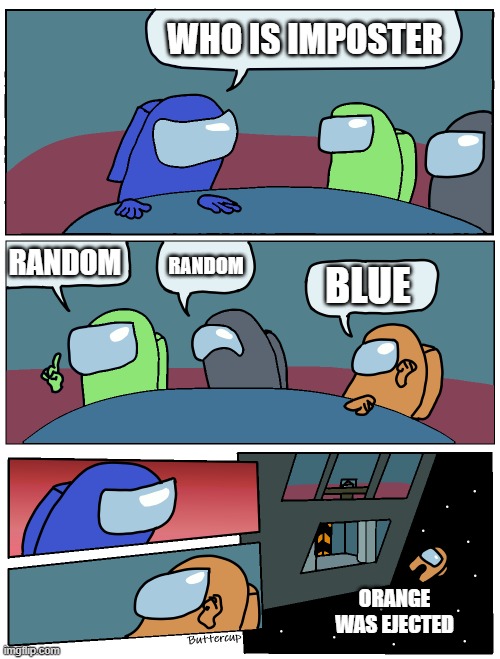 Among Us Imposter Blue | WHO IS IMPOSTER; RANDOM; RANDOM; BLUE; ORANGE WAS EJECTED | image tagged in among us meeting | made w/ Imgflip meme maker