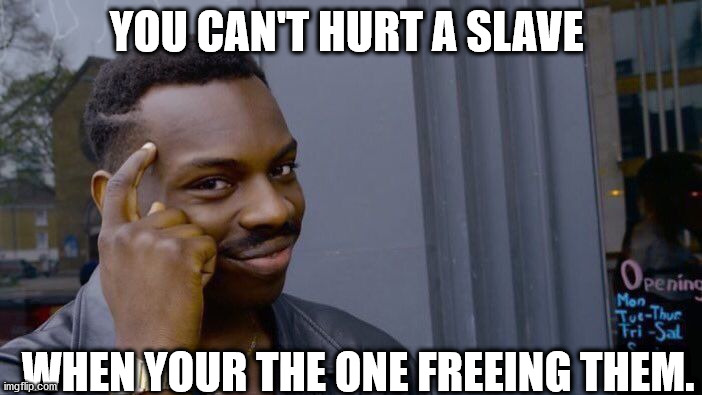 My First meme | YOU CAN'T HURT A SLAVE; WHEN YOUR THE ONE FREEING THEM. | image tagged in memes,roll safe think about it | made w/ Imgflip meme maker
