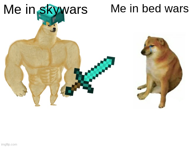 tru tho | Me in skywars; Me in bed wars | image tagged in memes,buff doge vs cheems | made w/ Imgflip meme maker