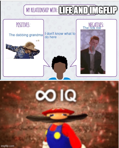 I was going to do choccy milk as negatives, and rick roll as positive, but i did this in nearpod at school, and took the opportu | LIFE AND IMGFLIP | image tagged in infinite iq | made w/ Imgflip meme maker