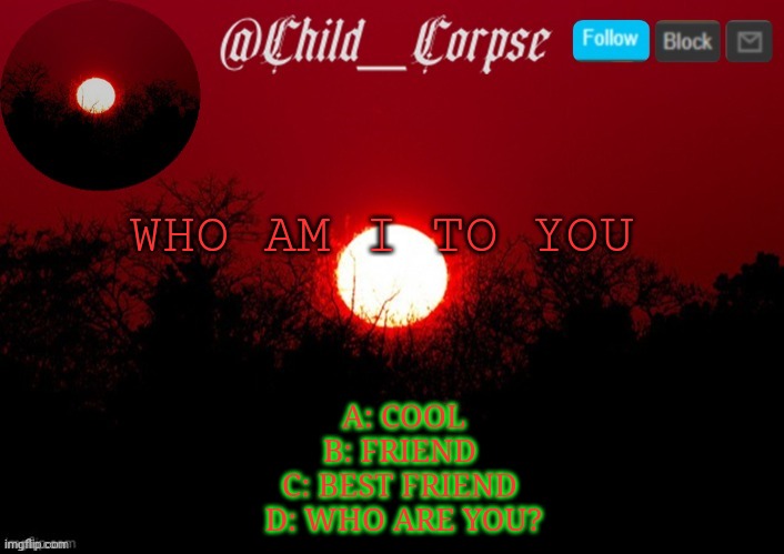 T | WHO AM I TO YOU; A: COOL
B: FRIEND 
C: BEST FRIEND 
D: WHO ARE YOU? | image tagged in t | made w/ Imgflip meme maker