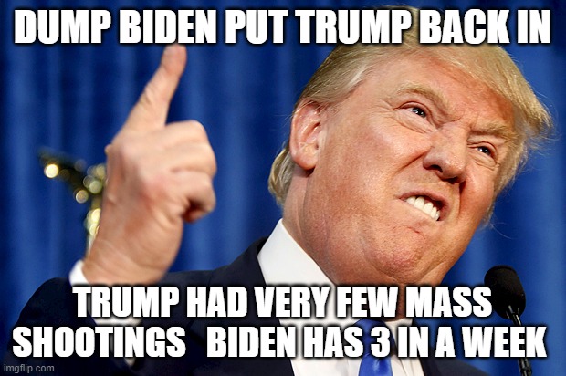 Donald Trump | DUMP BIDEN PUT TRUMP BACK IN; TRUMP HAD VERY FEW MASS SHOOTINGS   BIDEN HAS 3 IN A WEEK | image tagged in donald trump | made w/ Imgflip meme maker