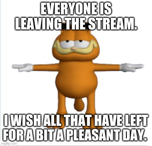 garfield t-pose | EVERYONE IS LEAVING THE STREAM. I WISH ALL THAT HAVE LEFT FOR A BIT A PLEASANT DAY. | image tagged in garfield t-pose | made w/ Imgflip meme maker
