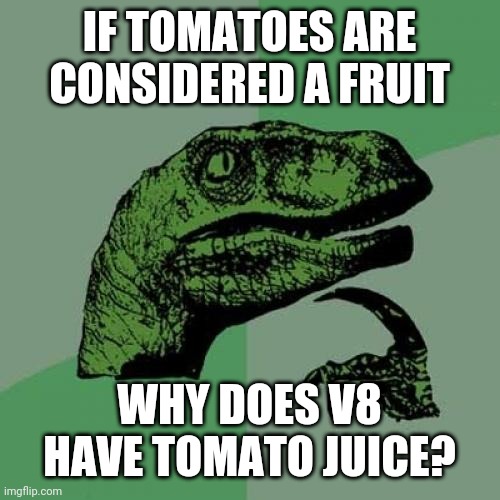 Philosoraptor | IF TOMATOES ARE CONSIDERED A FRUIT; WHY DOES V8 HAVE TOMATO JUICE? | image tagged in memes,philosoraptor | made w/ Imgflip meme maker
