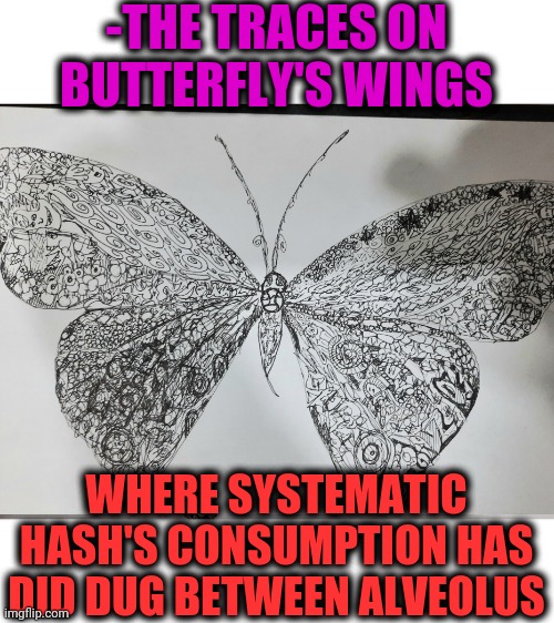 -Juicy visions. | -THE TRACES ON BUTTERFLY'S WINGS; WHERE SYSTEMATIC HASH'S CONSUMPTION HAS DID DUG BETWEEN ALVEOLUS | image tagged in hashtag,butterfly man,drawings,eurovision,stranger,artist | made w/ Imgflip meme maker