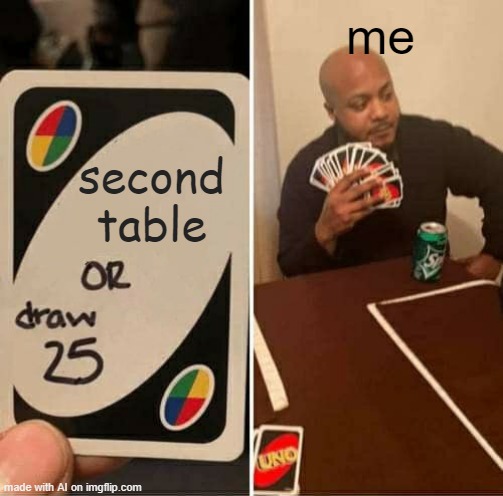 UNO Draw 25 Cards | me; second table | image tagged in memes,uno draw 25 cards | made w/ Imgflip meme maker