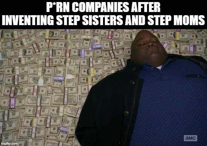 Man sleeping on money | P*RN COMPANIES AFTER INVENTING STEP SISTERS AND STEP MOMS | image tagged in man sleeping on money | made w/ Imgflip meme maker